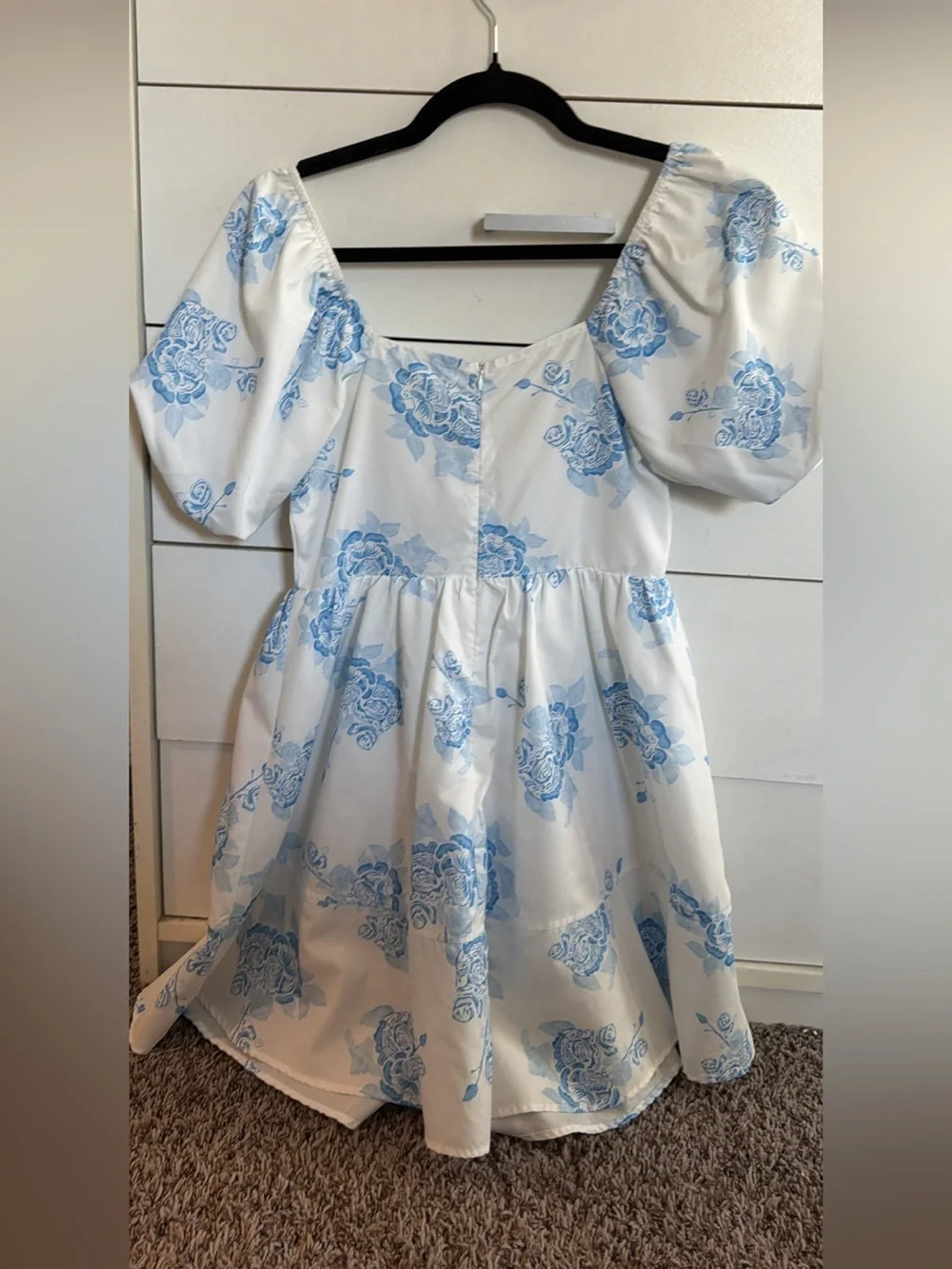 Cider White Dress with Light Blue Floral Puff Sleeves